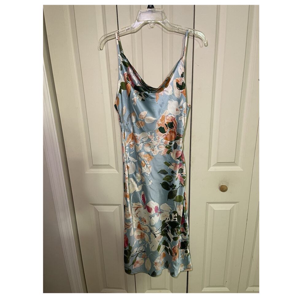 Sweet Lemon Floral Slip Dress Blue Multicolor L Cowl Neck Strappy Zip Midi